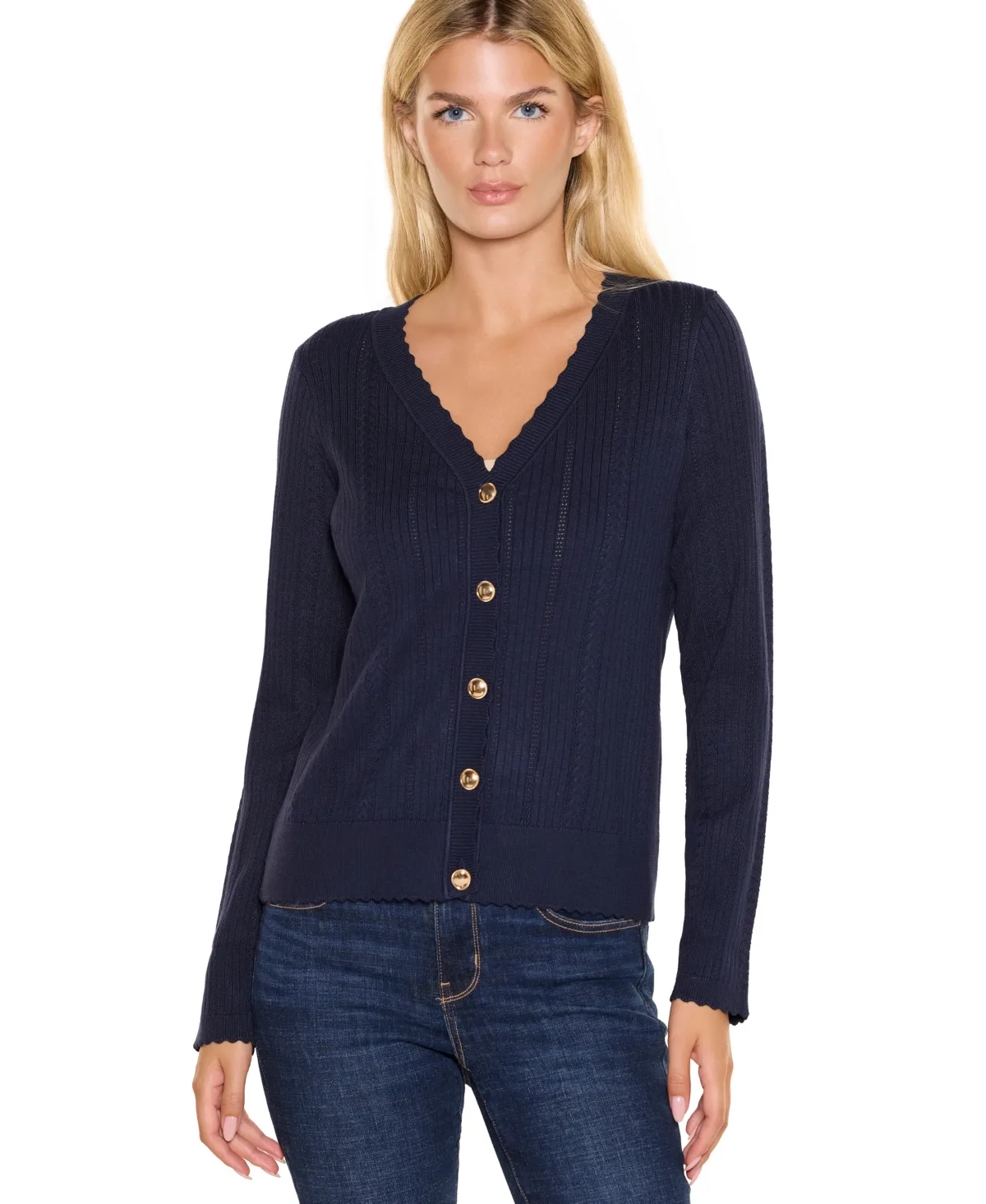 Ribbed Cable V-Neck Button-Front Cardigan by Belldini