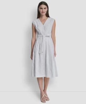 Cap Sleeve V Neck Embroidered Midi Dress by DKNY