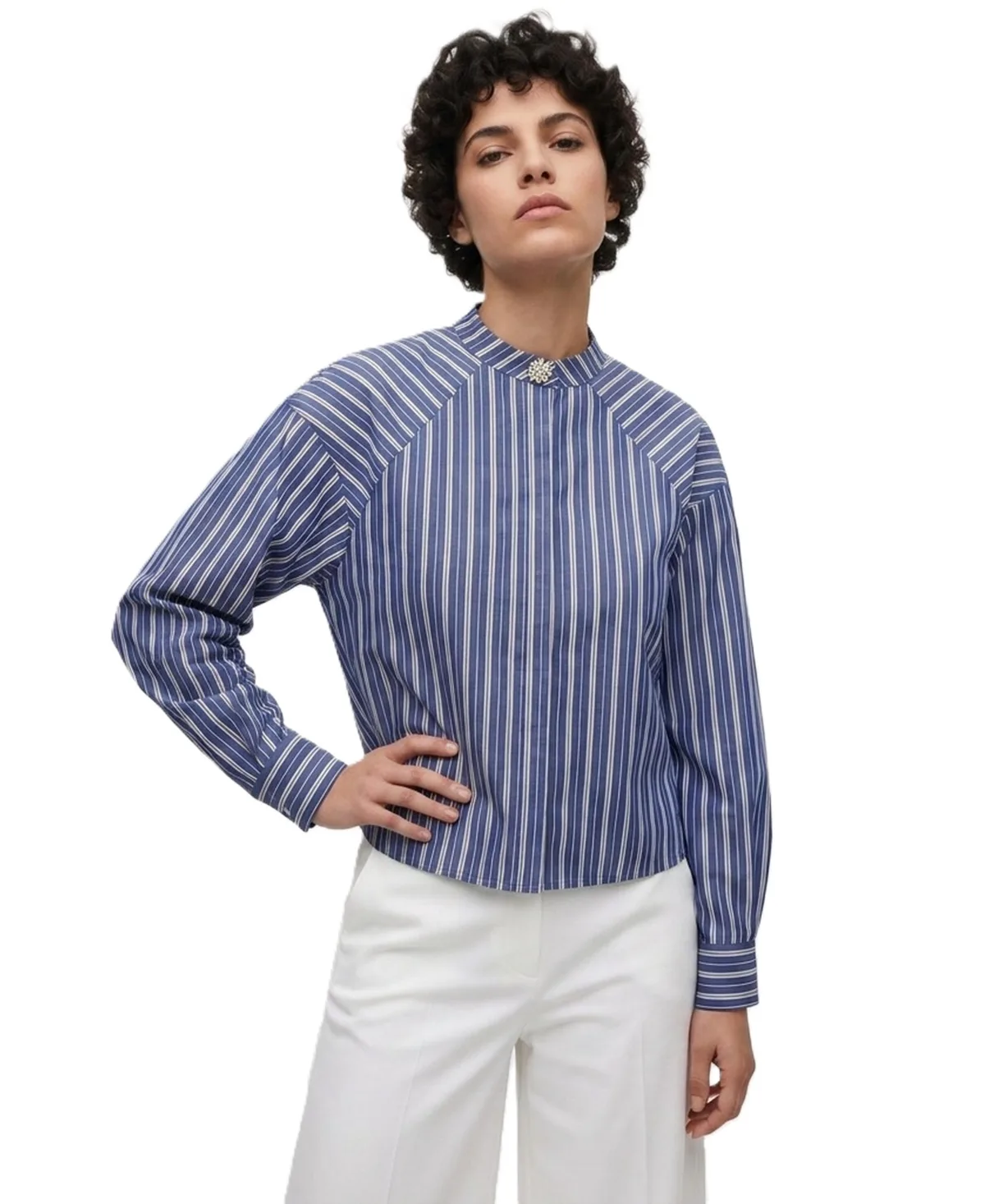 Raglan Long-Sleeve Band Collar Striped Shirt