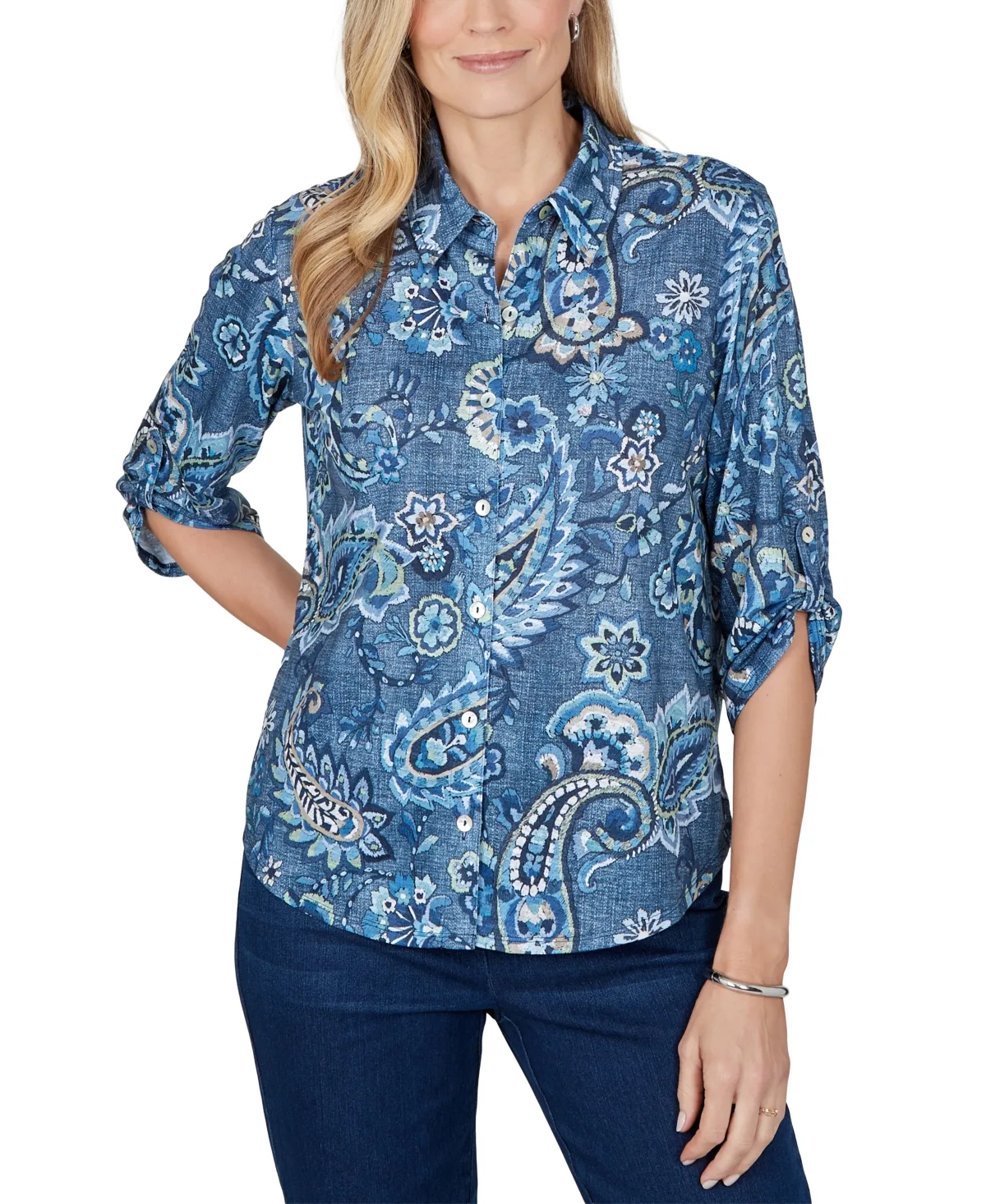 Paisley 3/4-Sleeve Roll-Tab Top by Alfred Dunner