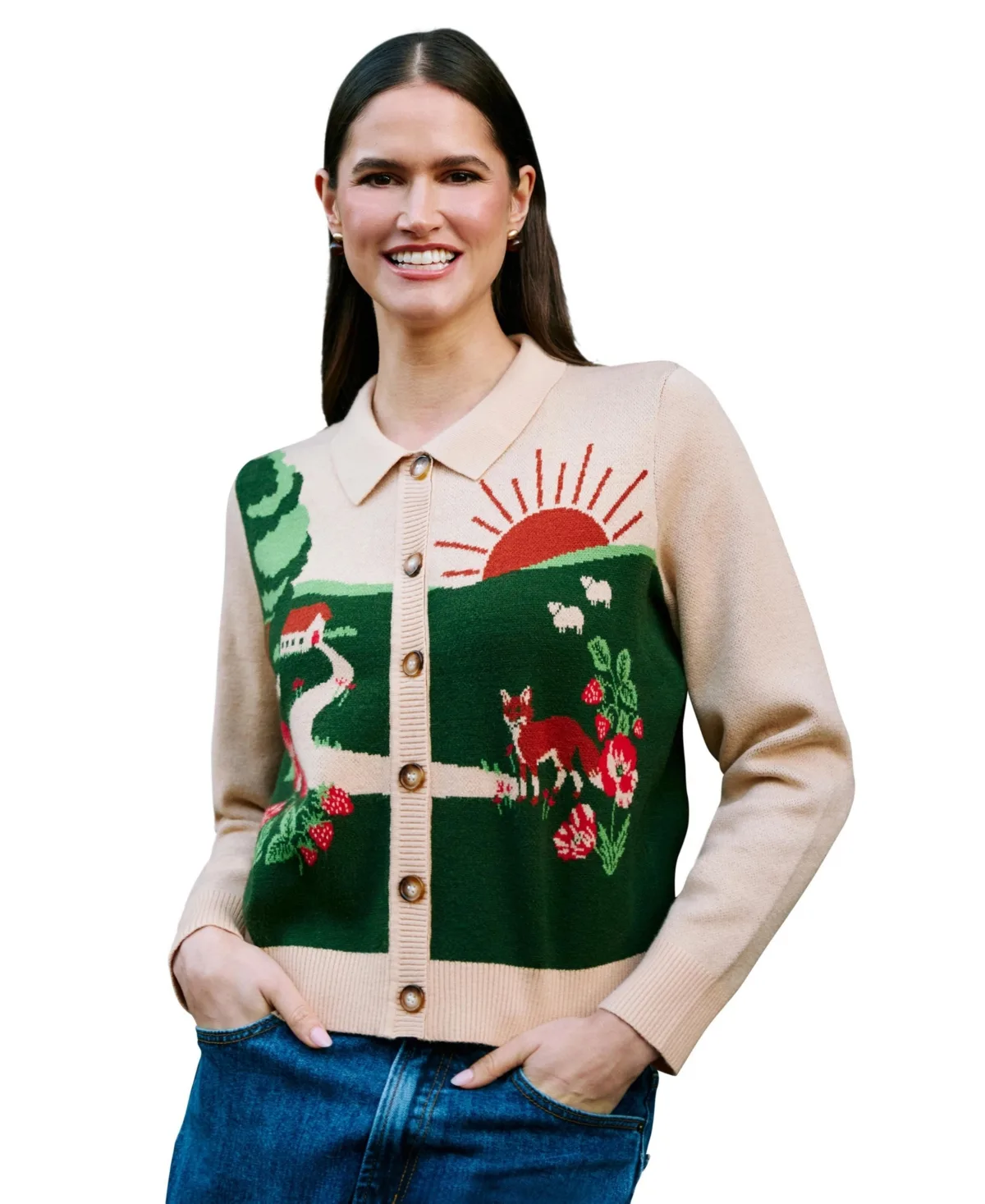 Sunrise Fox Collared Long-Sleeve Cardigan by Yumi