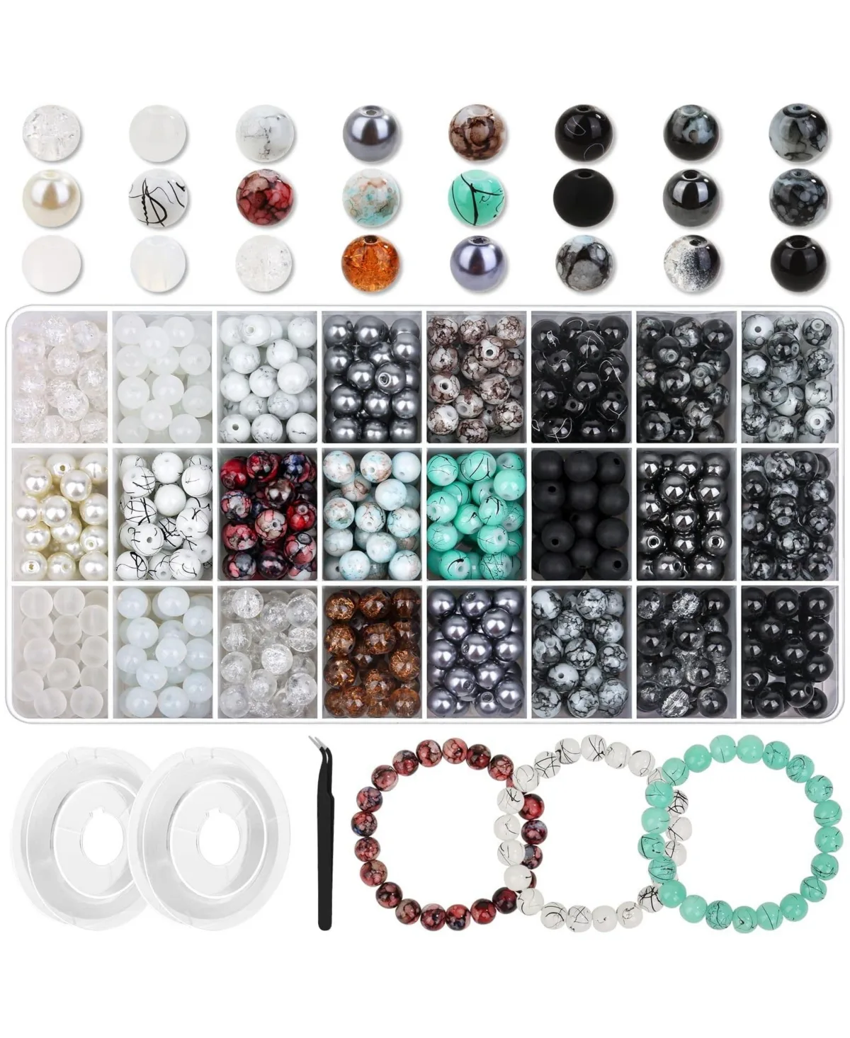 24 Colors 8mm Glass Bead Jewelry Making Kit with Elastic Cord by Aeelike
