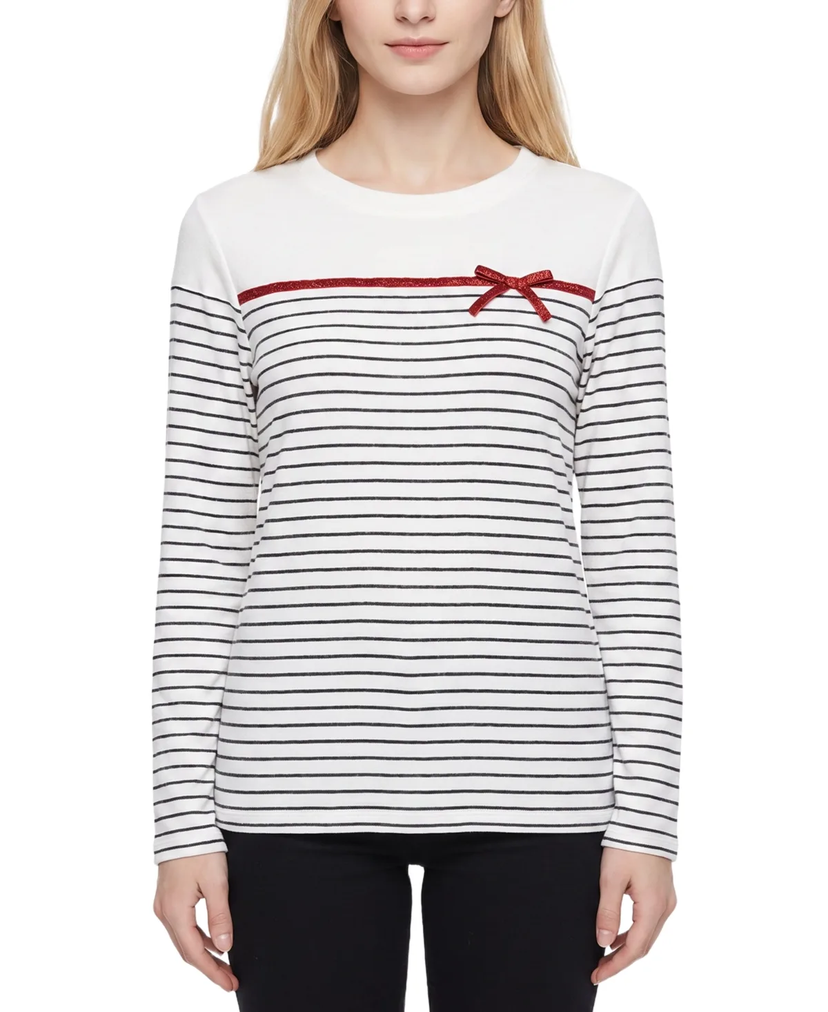 Long-Sleeve Crewneck Metallic Ribbon Bow T-Shirt