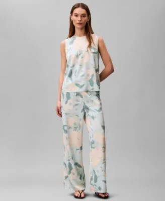 Satin Printed Sleeveless Top Printed Pull on Wide Leg Pants by Calvin Klein