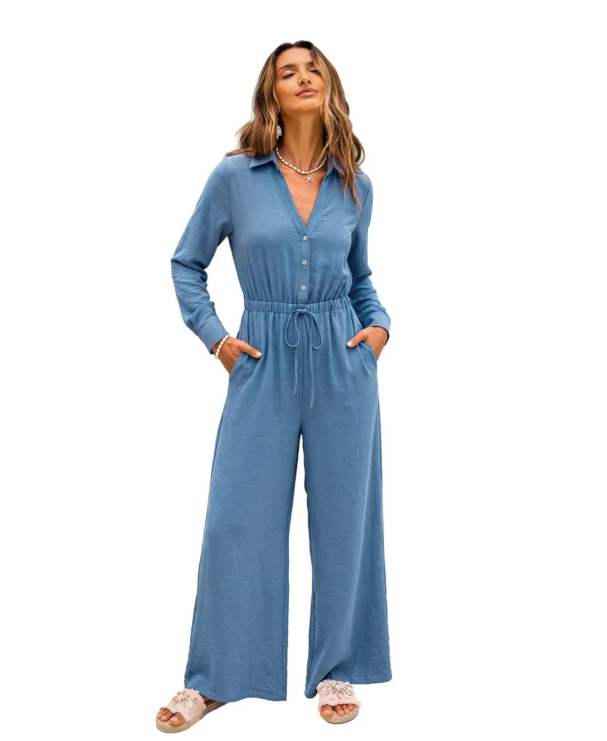 Long-Sleeve Wide-Leg Collared Jumpsuit