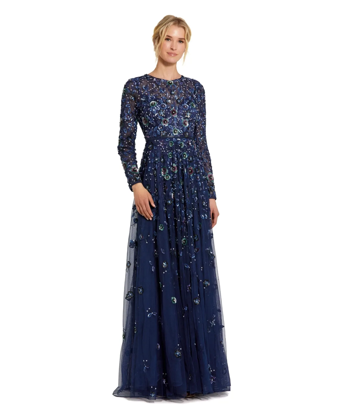 Embellished High Neck Long Sleeve A-Line Gown by M.A.C.