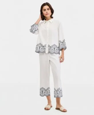 Embroidered Button Front Shirt Cropped Pull on Pants by Jones New York