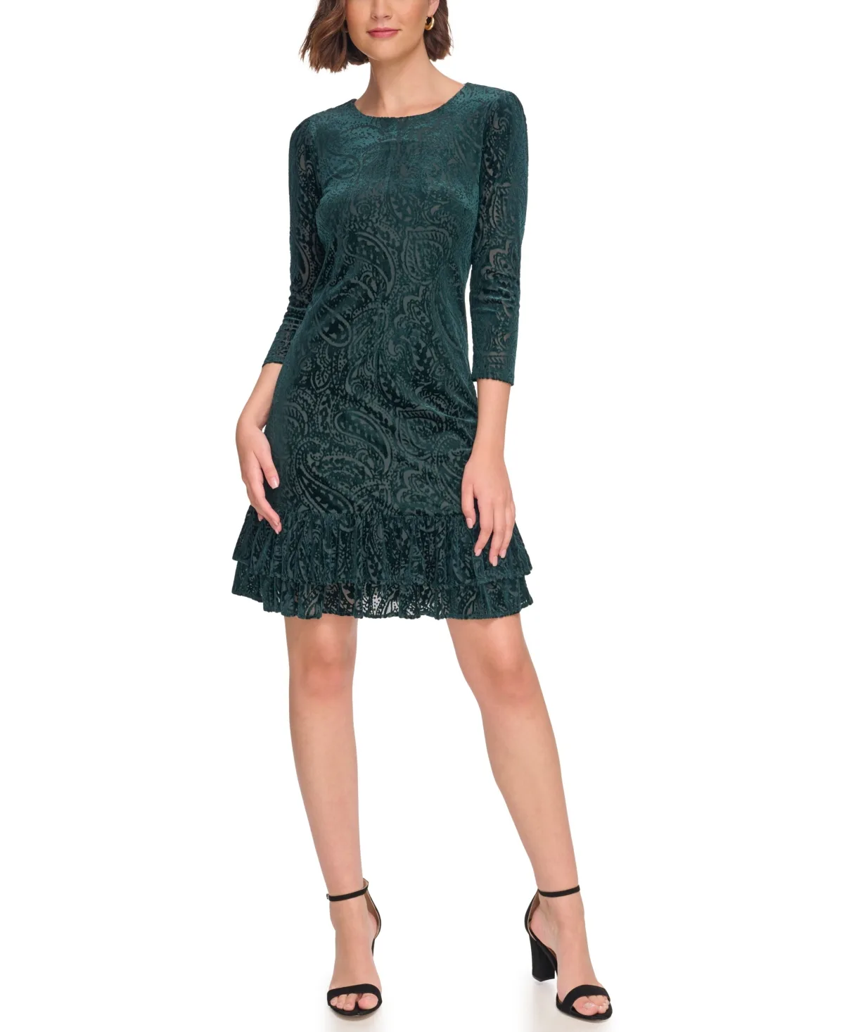 Burnout Paisley 3/4-Sleeve Ruffle-Hem Dress