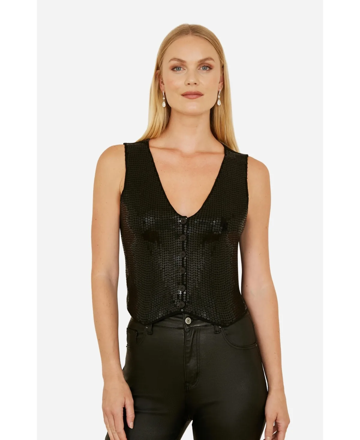 Sleeveless V-Neck Sequin Waistcoat Top by Yumi