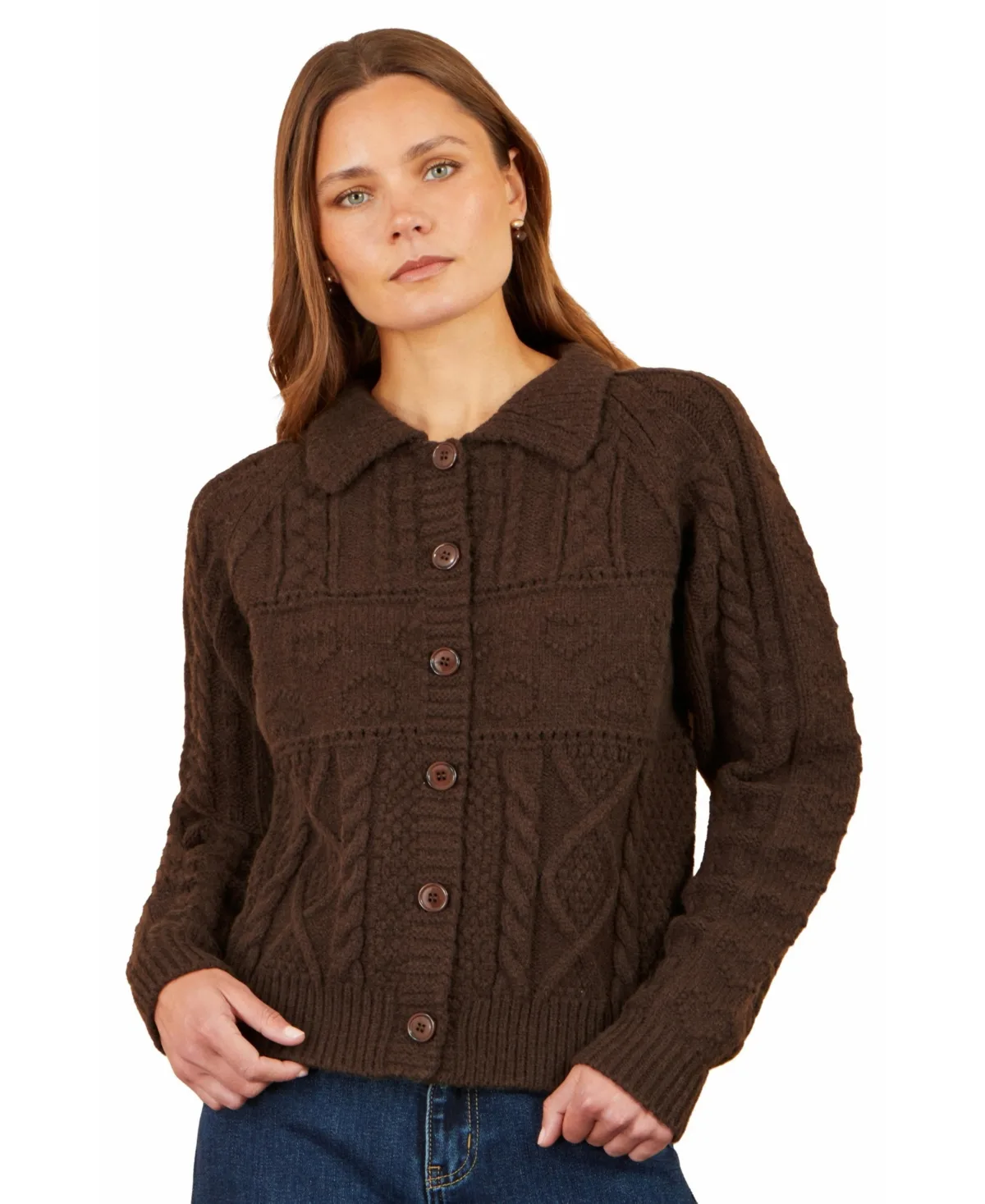 Collared Cable-Knit Boxy Cardigan by Yumi
