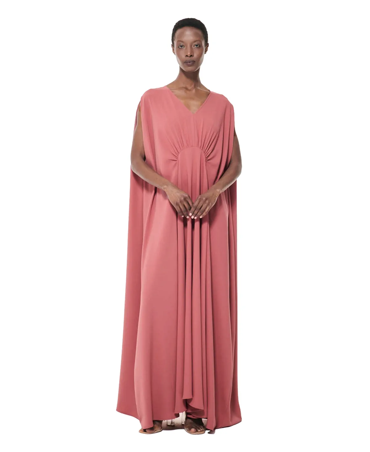 Gathered Marked Waist V-Neck Loose-Fit Maxi Dress