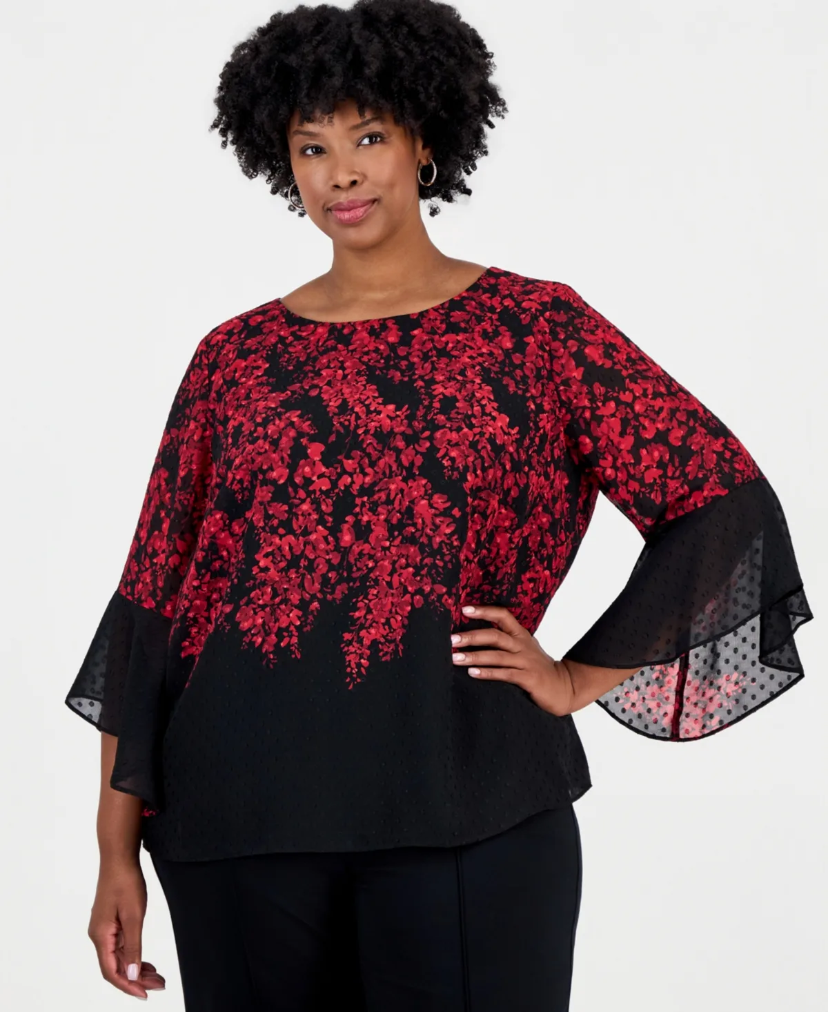 Floral-Print Boat-Neck Ruffle-Sleeve Blouse