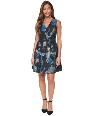 Jacquard V Neck Fit Flare with Self Belt Dress