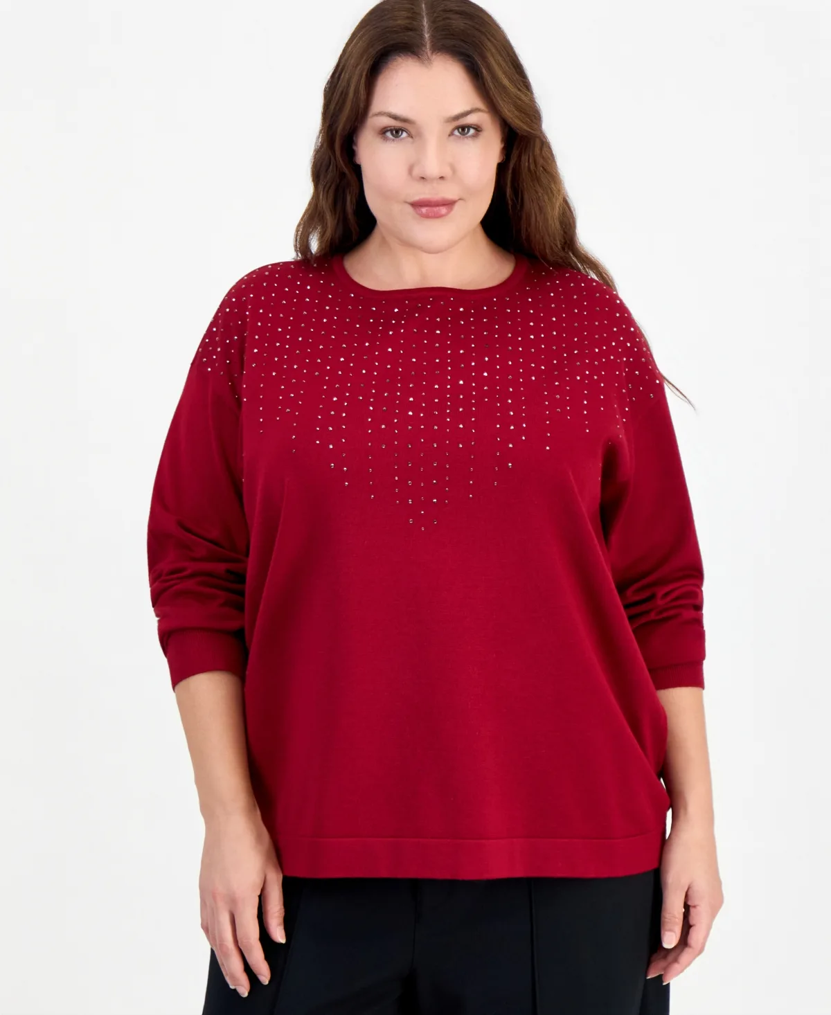 Long-Sleeve Boat Neck Embellished Sweater by Anne Klein
