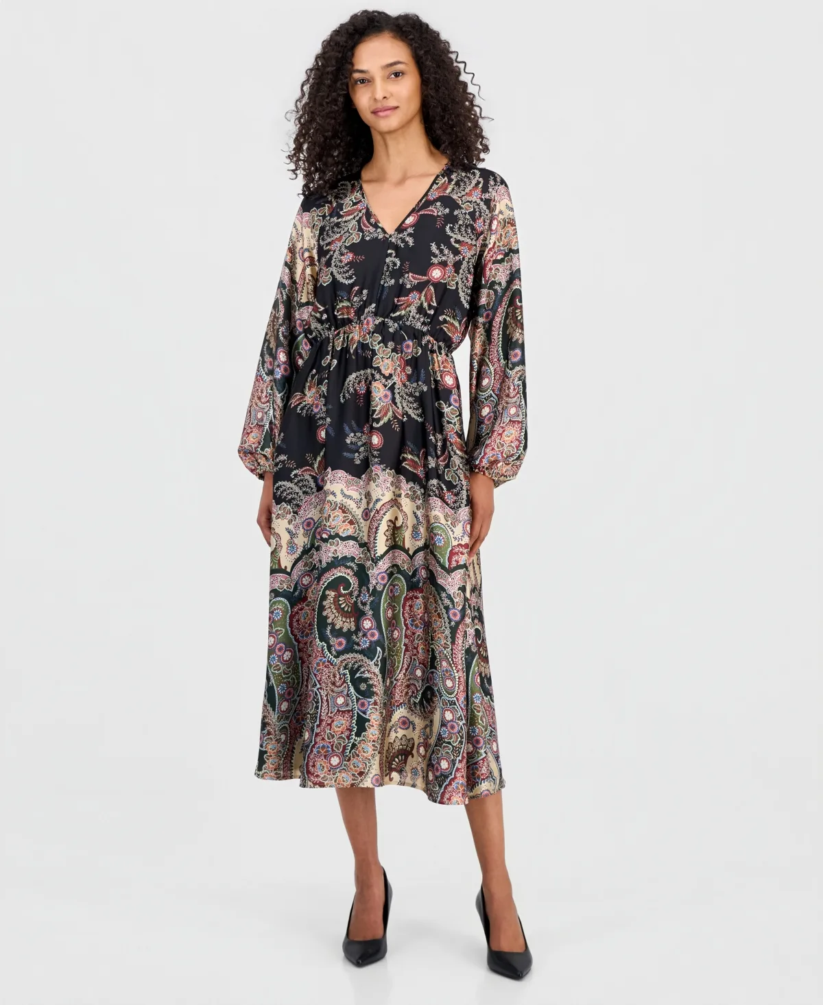 Long-Sleeve Smocked-Waist Split-Neck Midi Dress