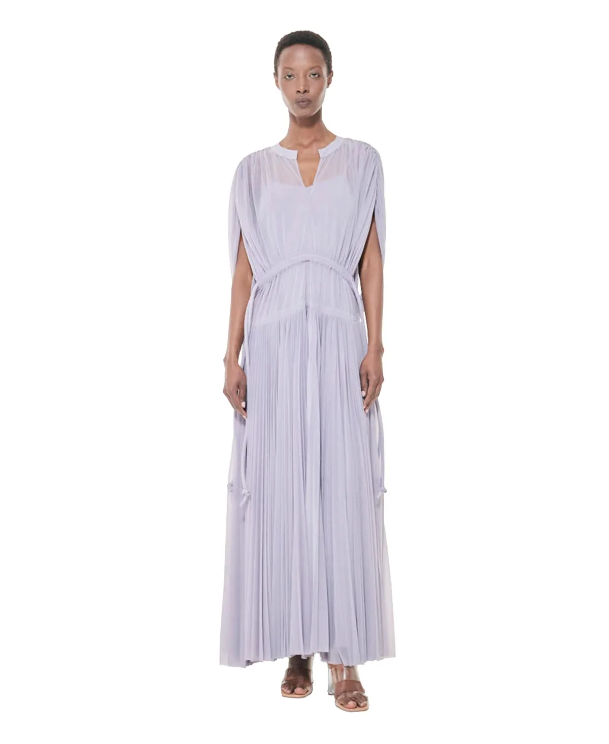 Pleated Marked Waist Short-Sleeve Maxi Dress by Leem