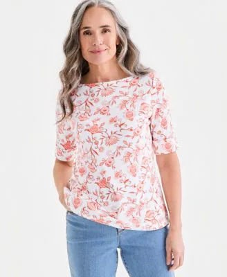 Printed Boat Neck Elbow Sleeve Top by Style & Co