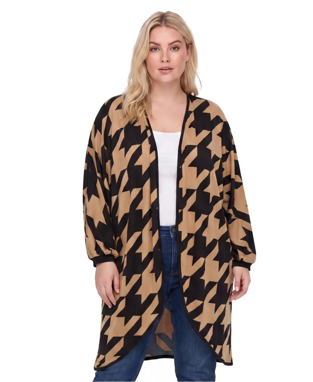 Houndstooth Long-Sleeve Duster Cardigan by 24seven Comfort Apparel