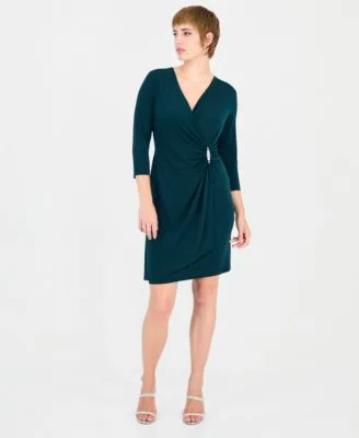 Solid Jersey Mock Wrap V Neck 3 4 Sleeve Dress by Connected