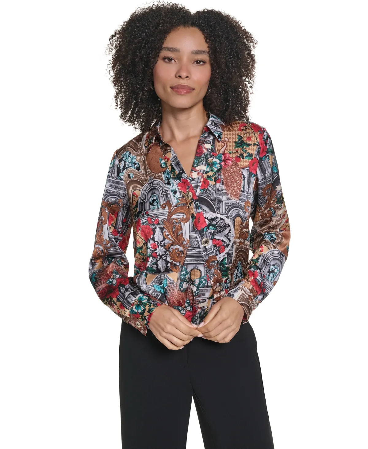 Long-Sleeve Floral-Print Surplice Blouse