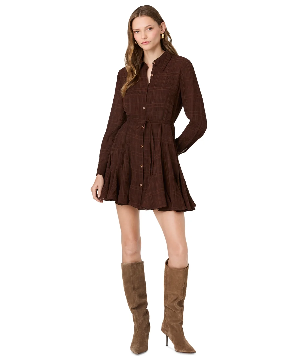 Collared Long-Sleeve Tie-Waist Mini Dress by French Connection