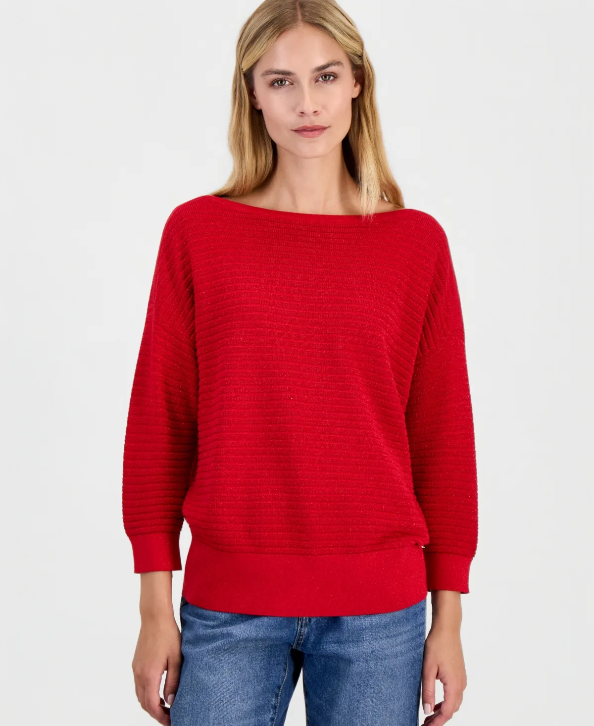 Lurex-Knit 3/4-Length-Sleeve Boatneck Sweater