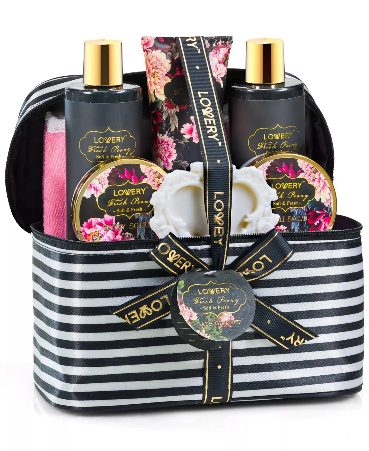 Fresh Peony Spa Bath and Body Gift Set, 10pc Fragrance and Self Care Gift Set with Lotion, Shower Gel, Scrub, Bath Salts and Loofah by Lovery