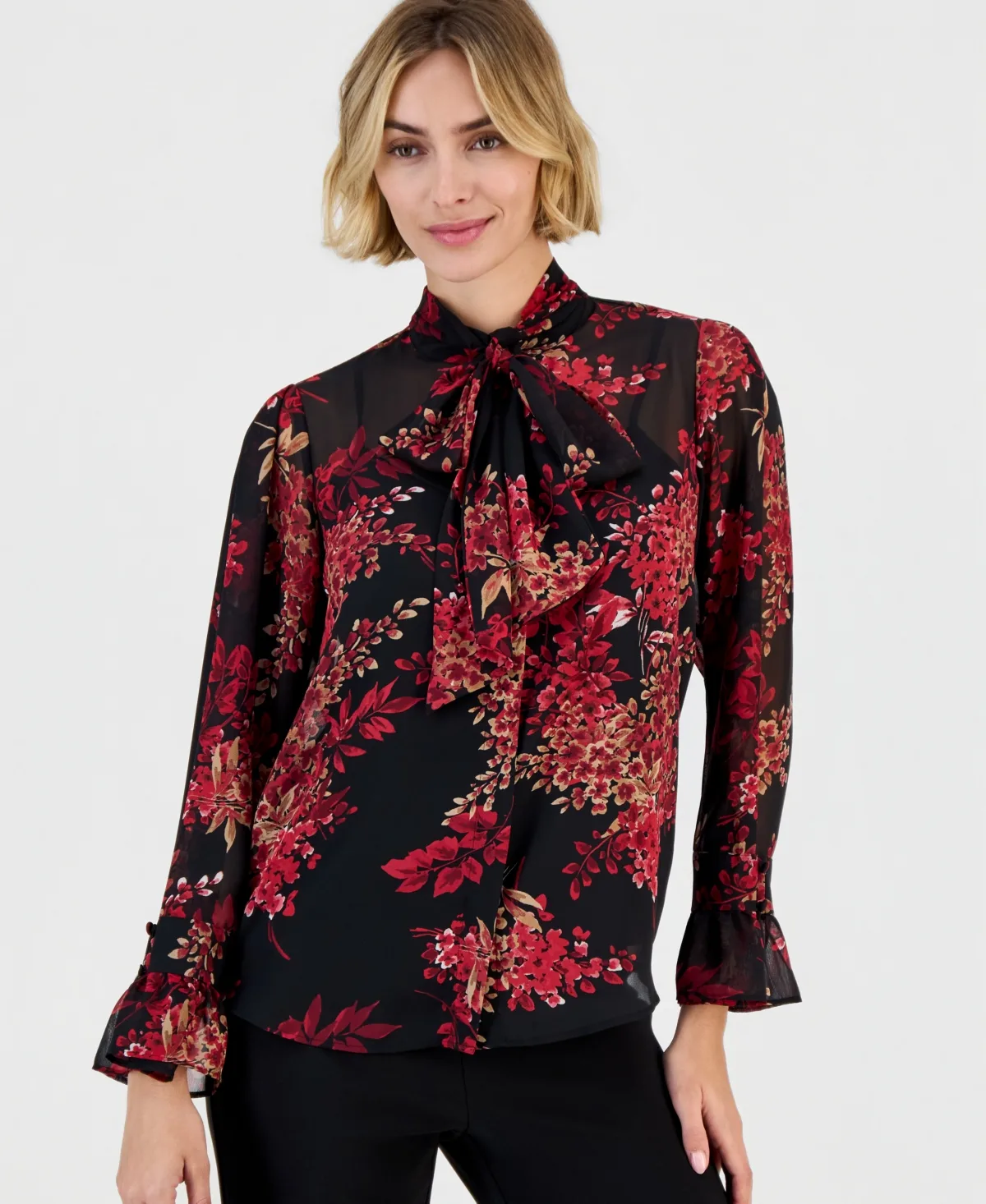 Long-Sleeve Bow-Front Floral-Print Blouse by Anne Klein