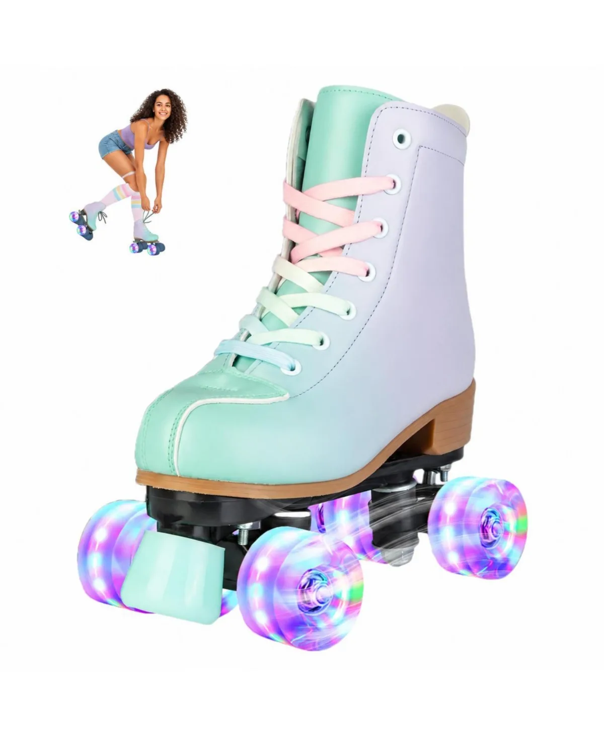 Adjustable Purple Green Flash Wheel PU Leather Beginner Roller Skates Indoor Outdoor by Magicorange