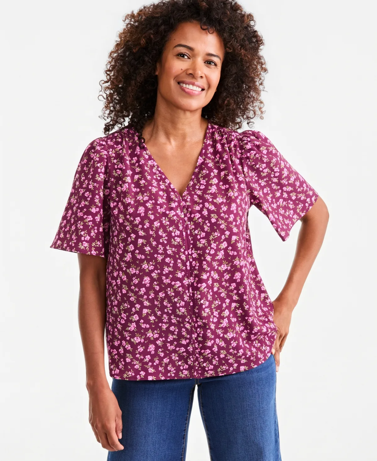 Printed V-Neck Flutter Sleeve Blouse by Style & Co
