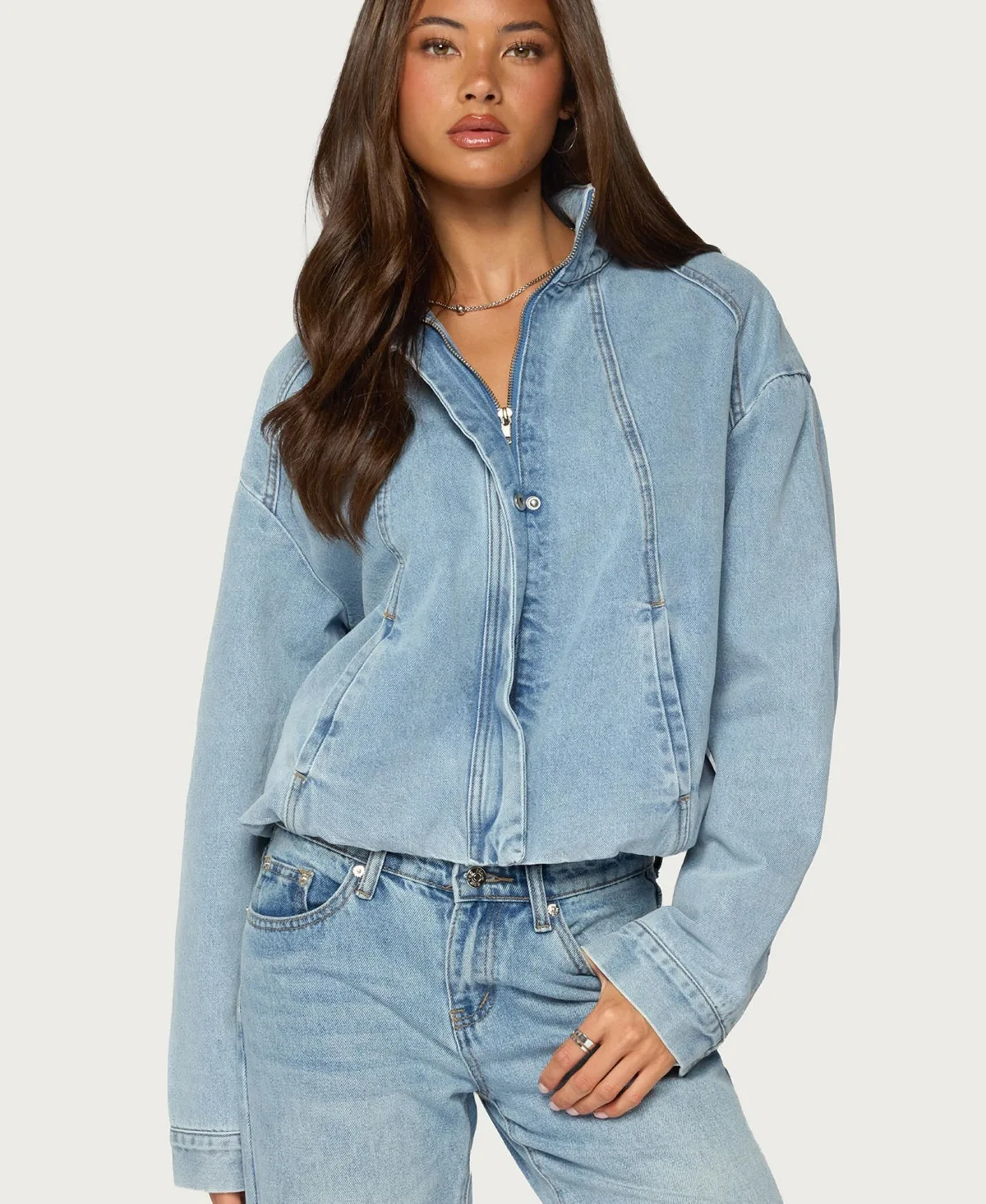 Jaysi High Neck Denim Bomber Jacket by Edikted