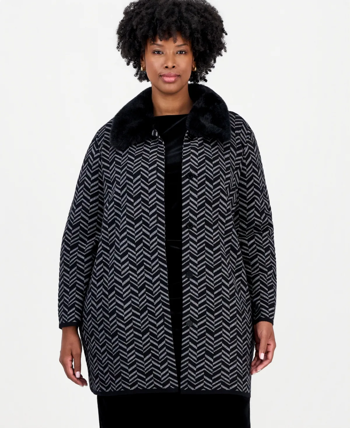 Faux Fur Collar Herringbone Cardigan by Kasper