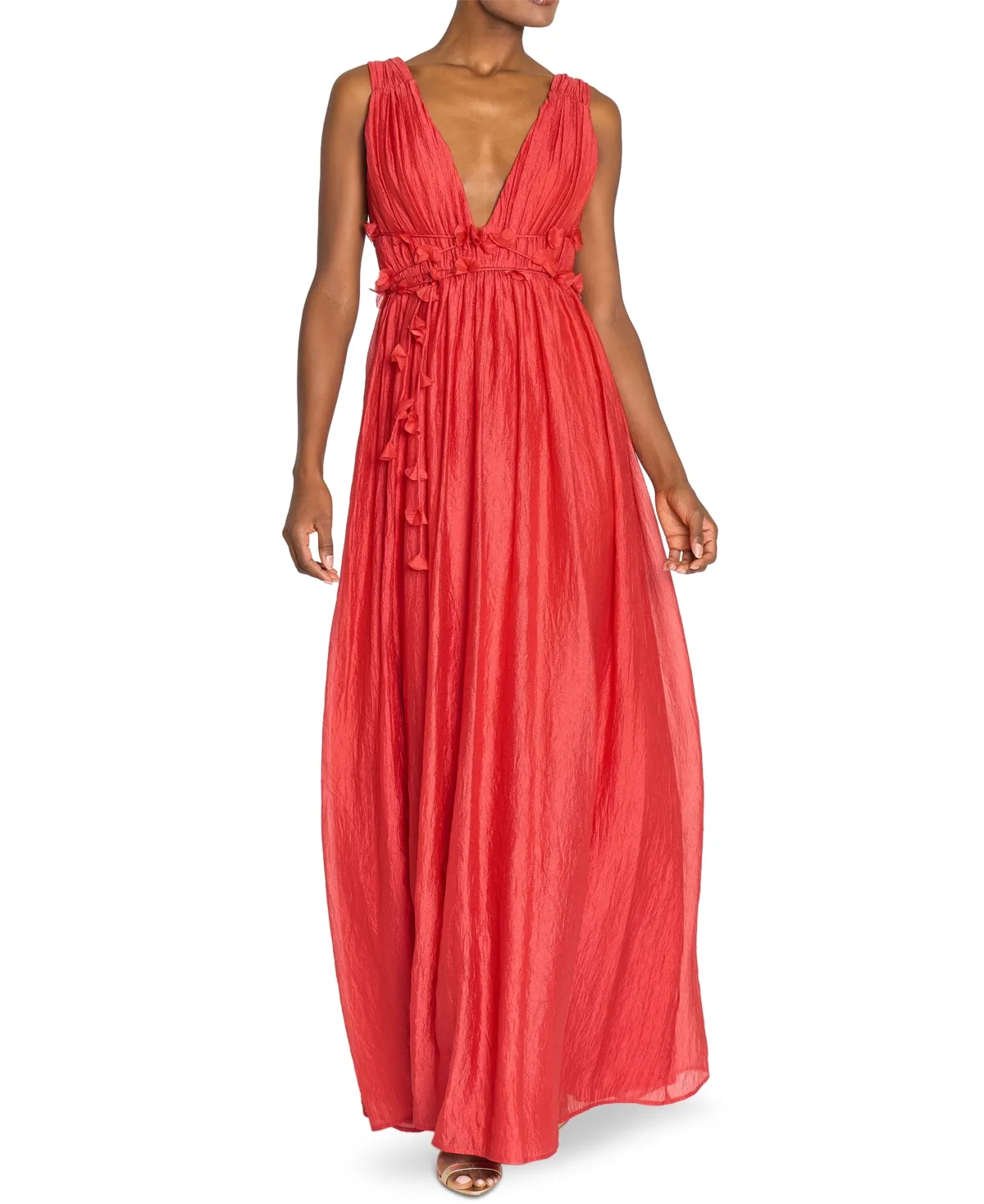 V-Neck Long Gown with 3D Flower Details at Waist by Marchesa