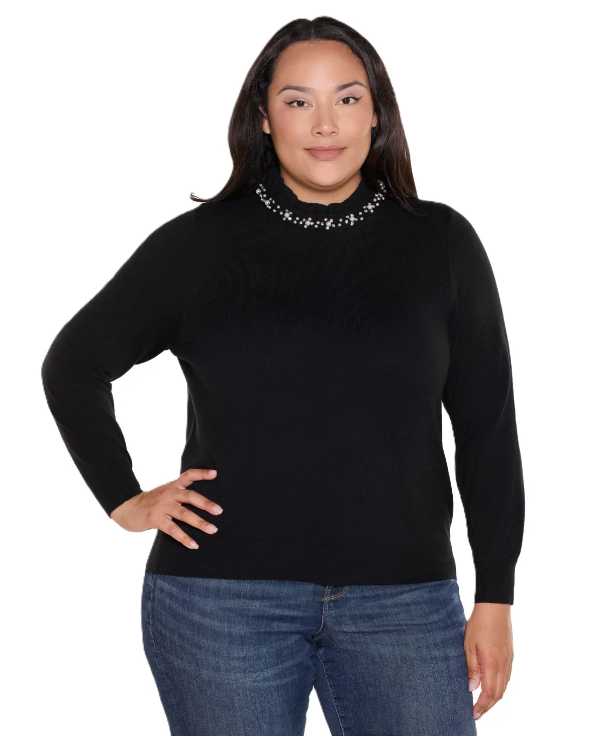 Mock Neck Long-Sleeve Embellished Sweater