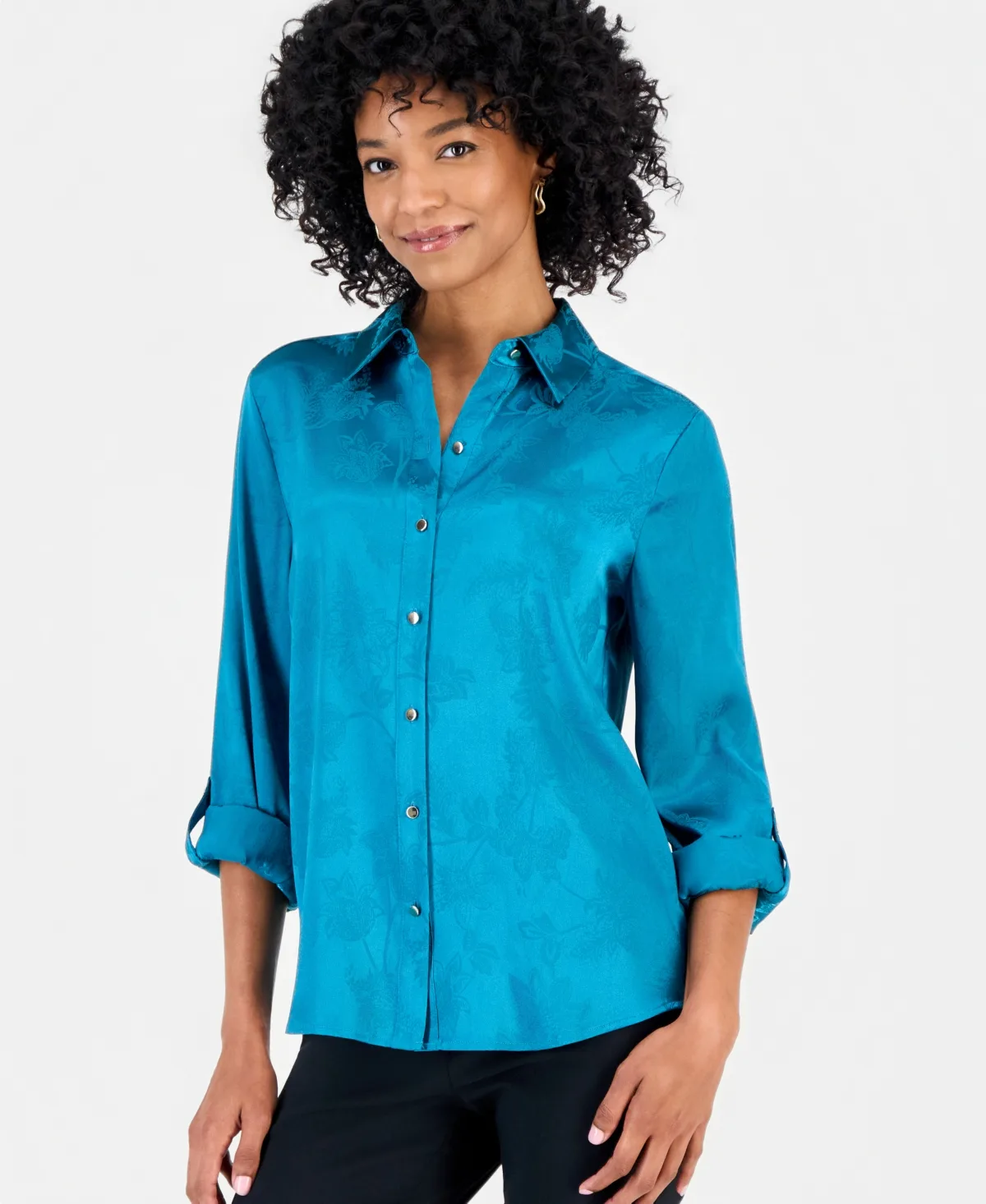Floral Jacquard Roll-Tab Long-Sleeve Blouse by JM Collection