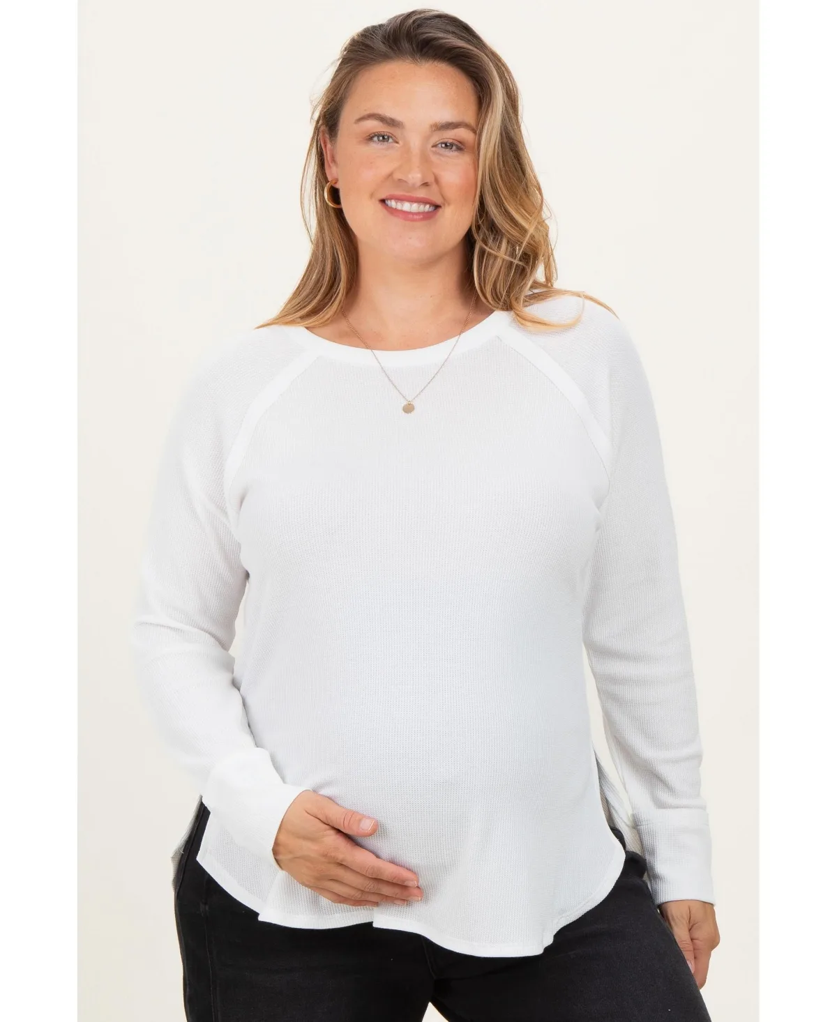 Waffle-Knit Long-Sleeve Top by PinkBlush