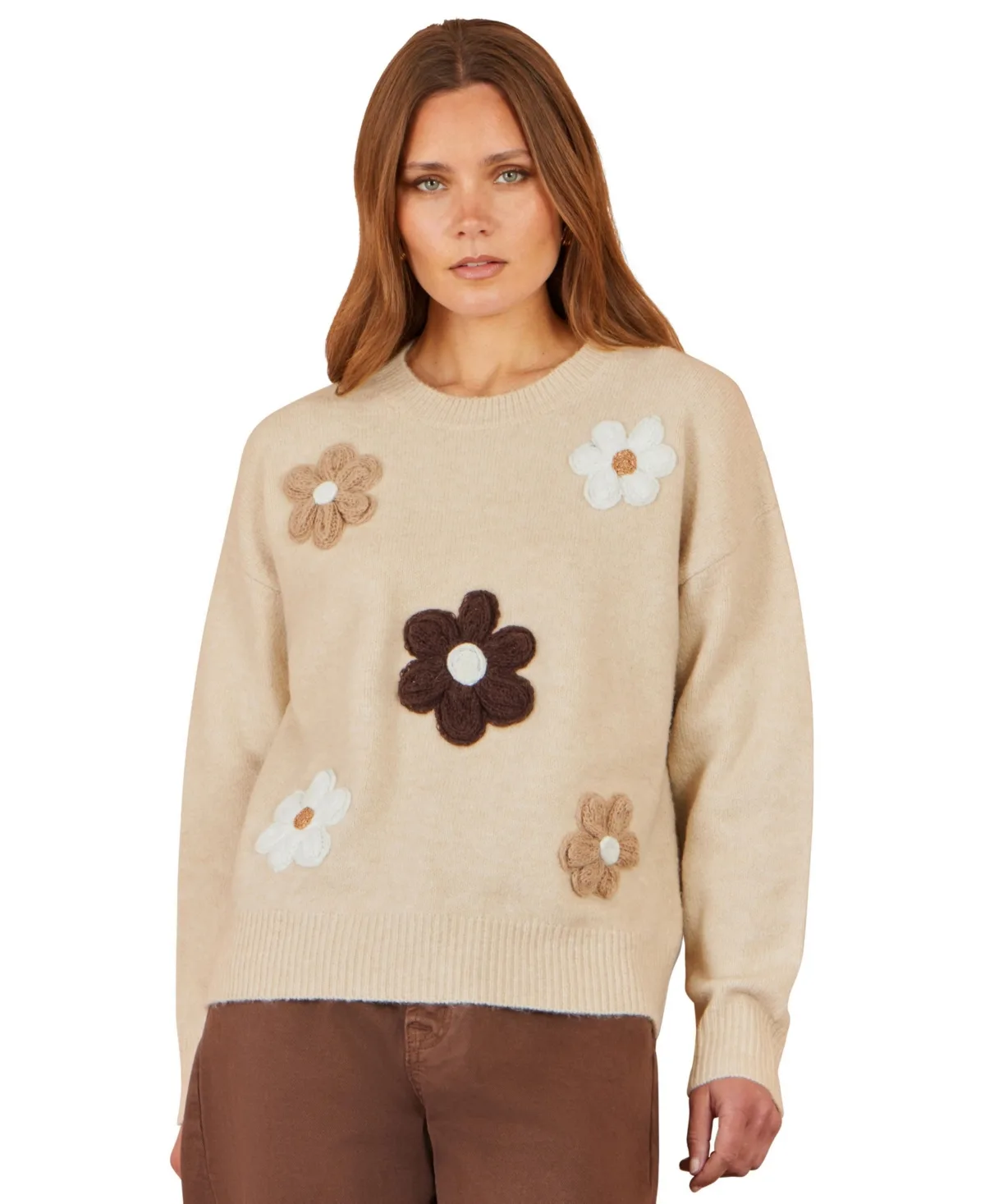 Crochet Floral-Print Relaxed-Fit Sweater by Yumi