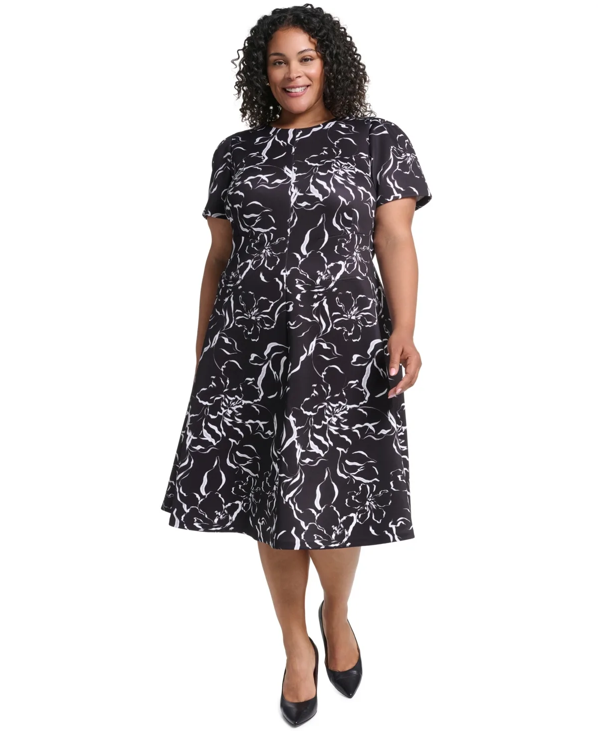 Floral-Print A-Line Short-Sleeve Midi Dress by Calvin Klein