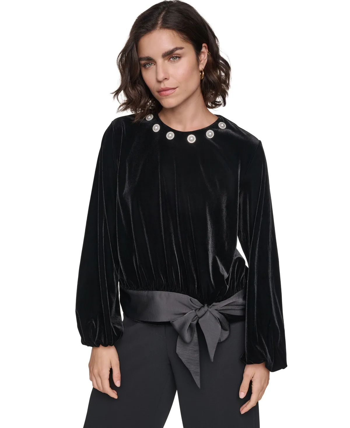 Crystal Tie-Front Long-Sleeve Pearl-Embellished Blouse