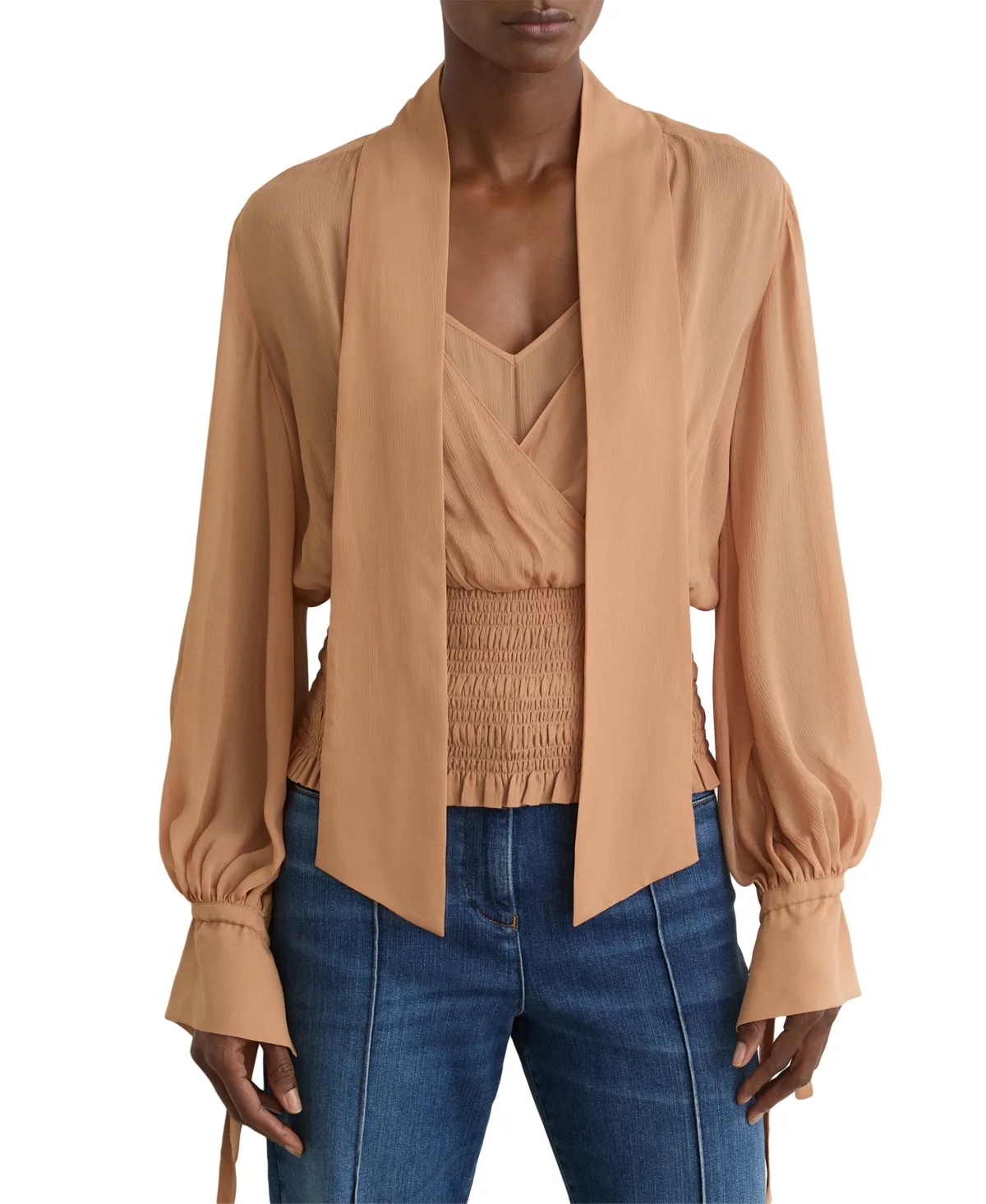 Phoebe Long-Sleeve Sheer Tie-Neck Blouse by Reiss