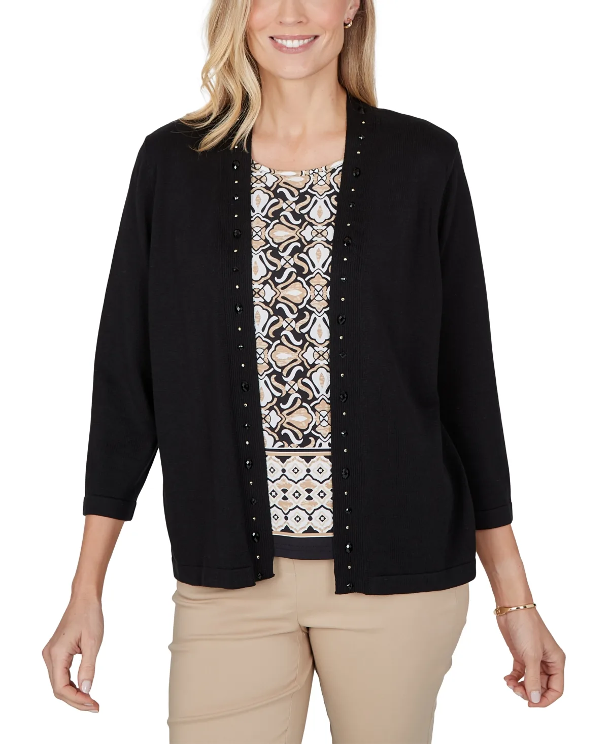 Shawl-Collar Embellished 3/4-Sleeve Cardigan Sweater