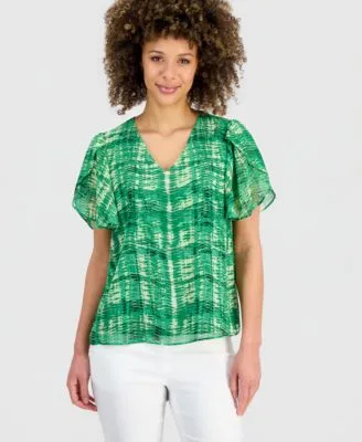 Plaid Tulip Sleeve Blouse by Kasper