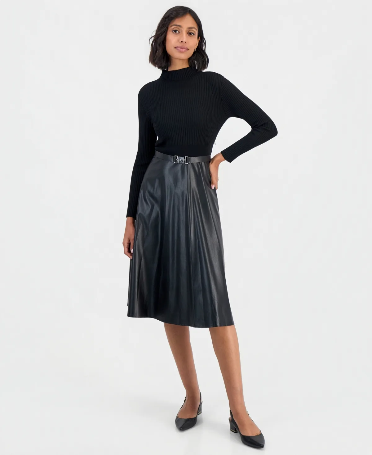 Mockneck Long-Sleeve Belted Dress by Robbie Bee