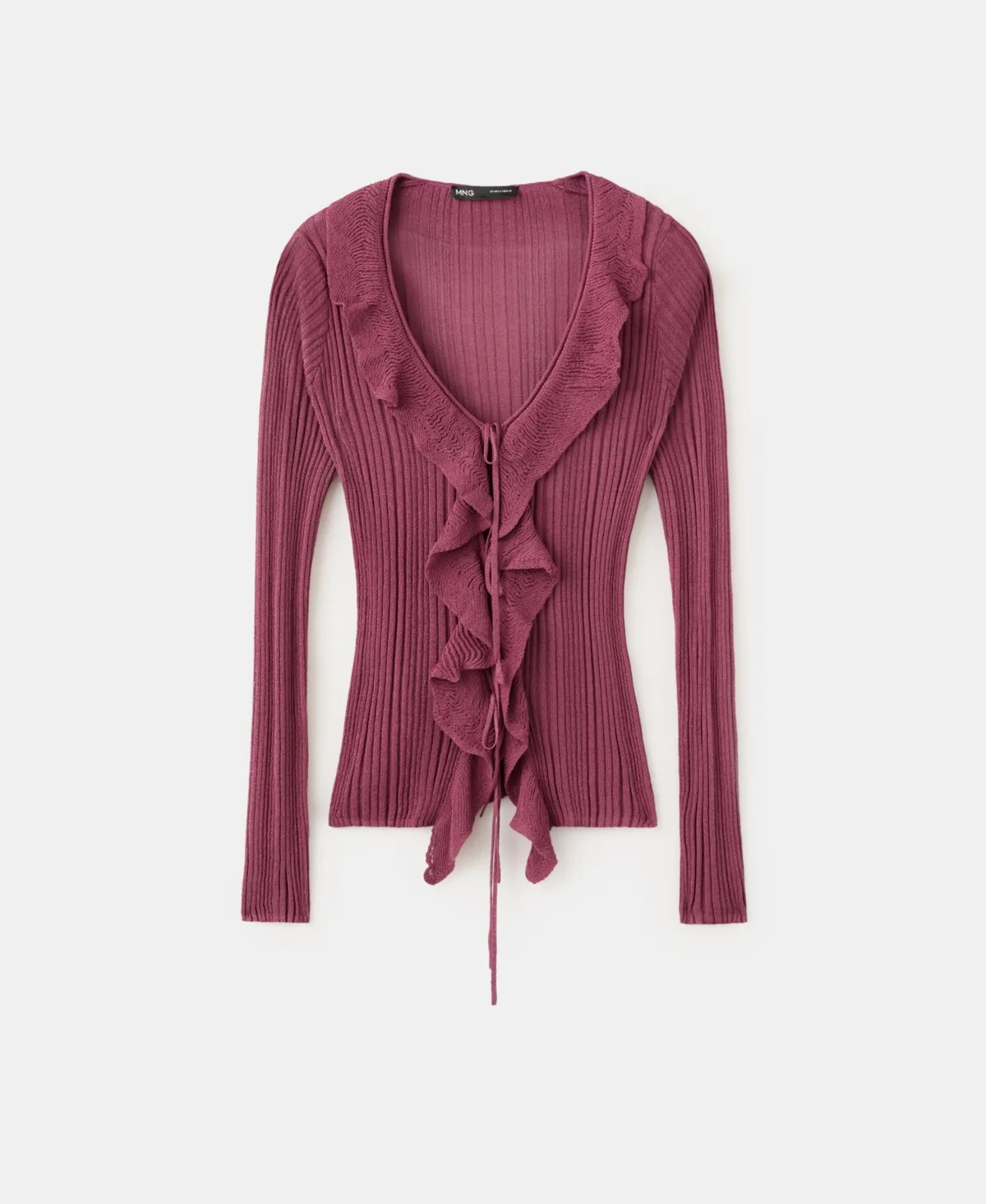 Ruffled Detail Textured Knit Cardigan Sweater by Mango