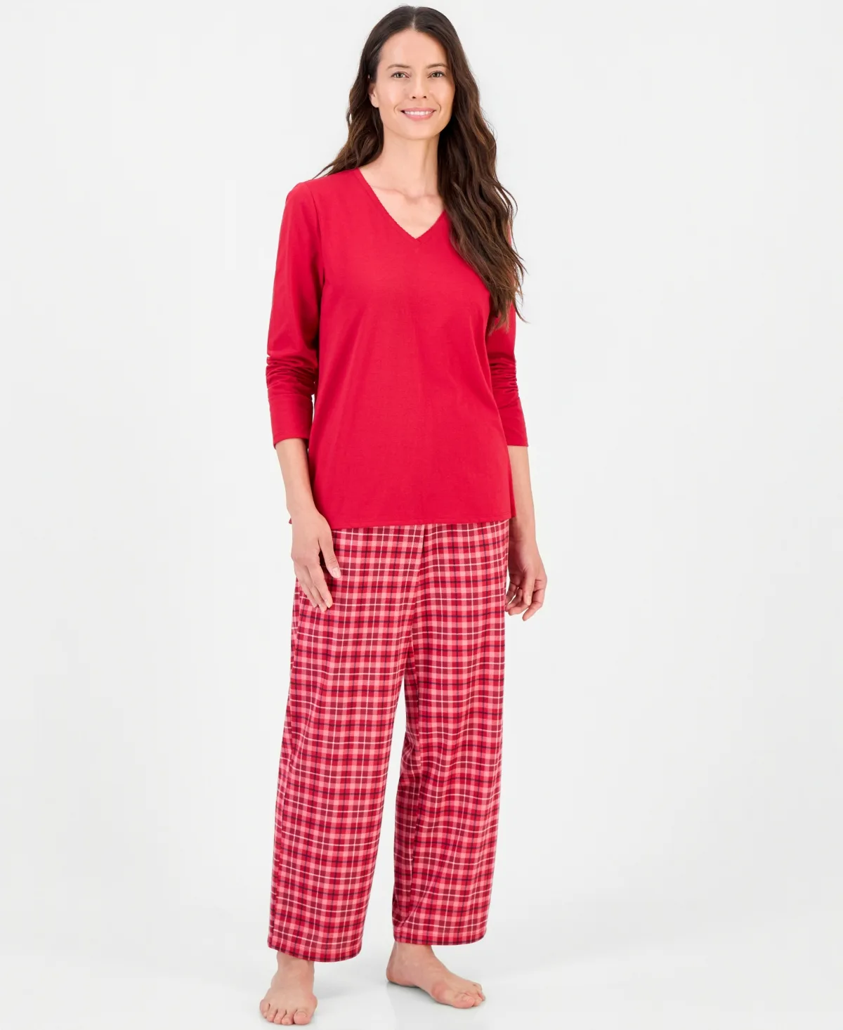 Cotton-Blend Long Sleeve V-Neck Pajama Pant Set