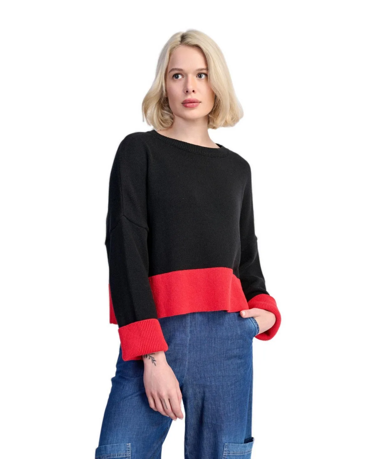 Vista Boat Neck Drop Shoulder Colorblock Sweater by Alembika