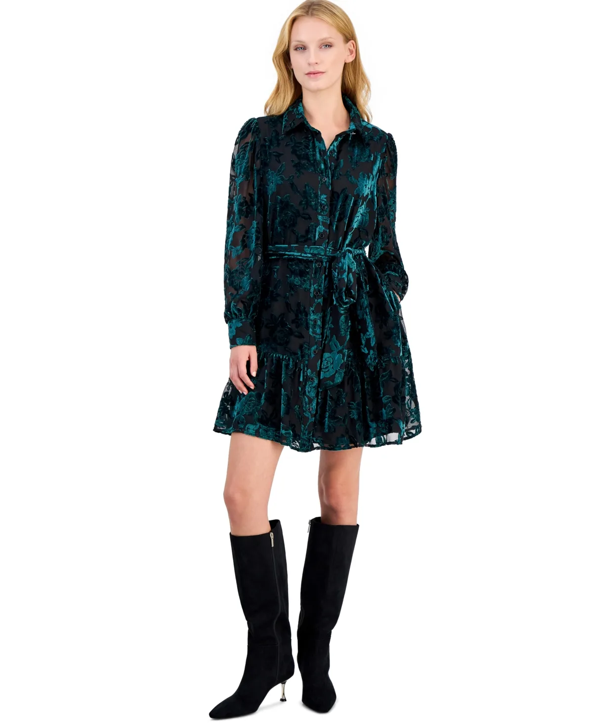 Velvet Burnout Tiered Fit-and-Flare Shirt Dress by Anne Klein