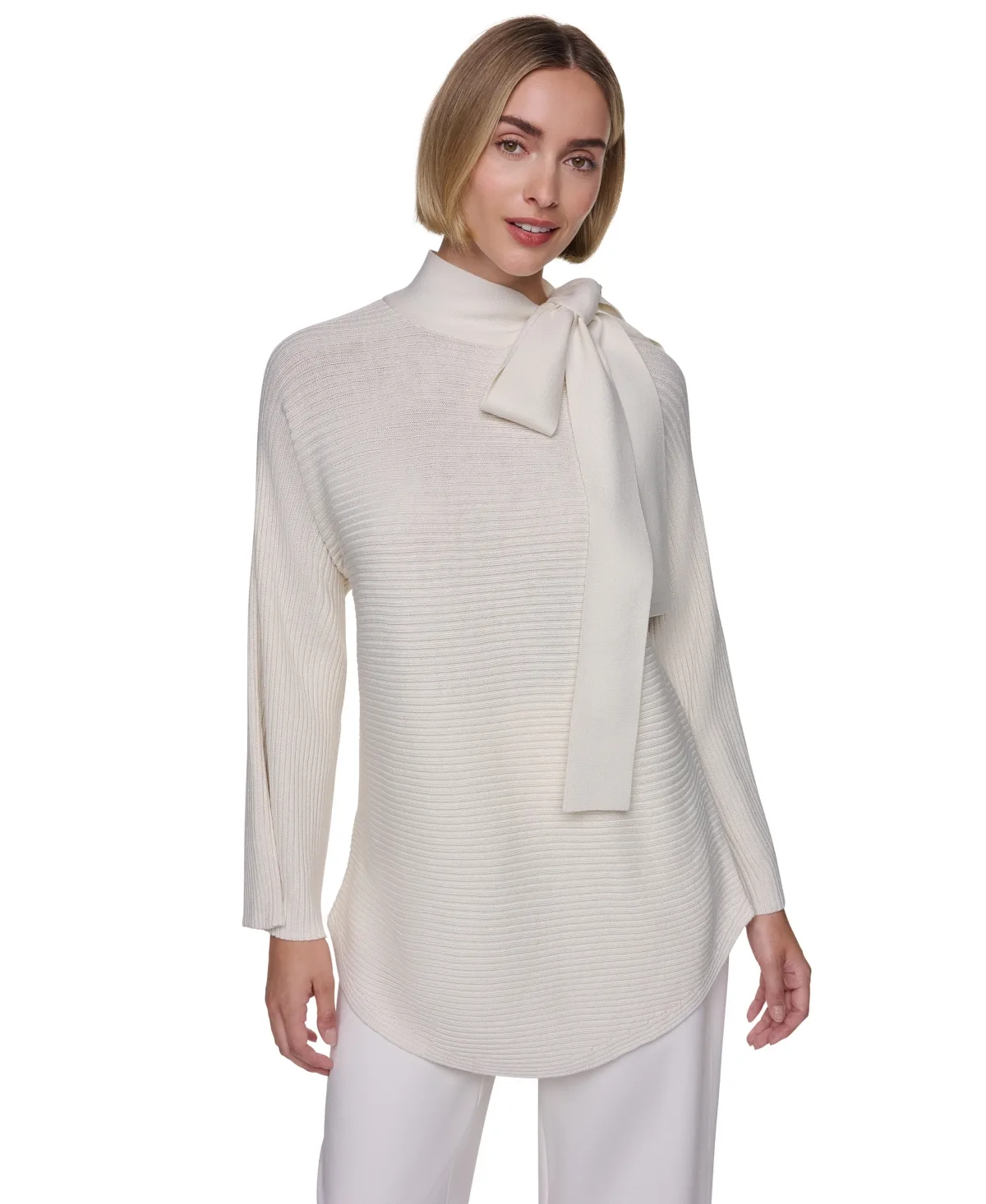 Tie-Front Mock-Neck Long-Sleeve Ribbed Sweater by Sonia Rykiel