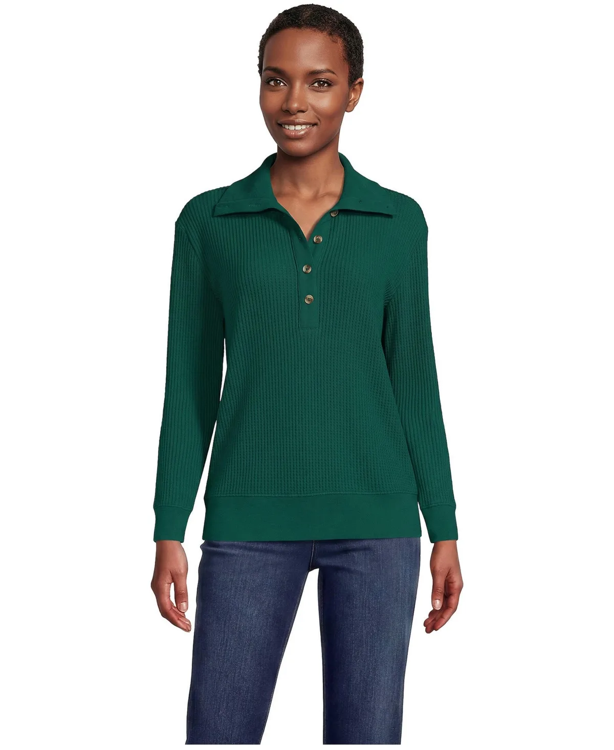 Waffle-Knit Button-Up Long-Sleeve Henley Top by Lands' End