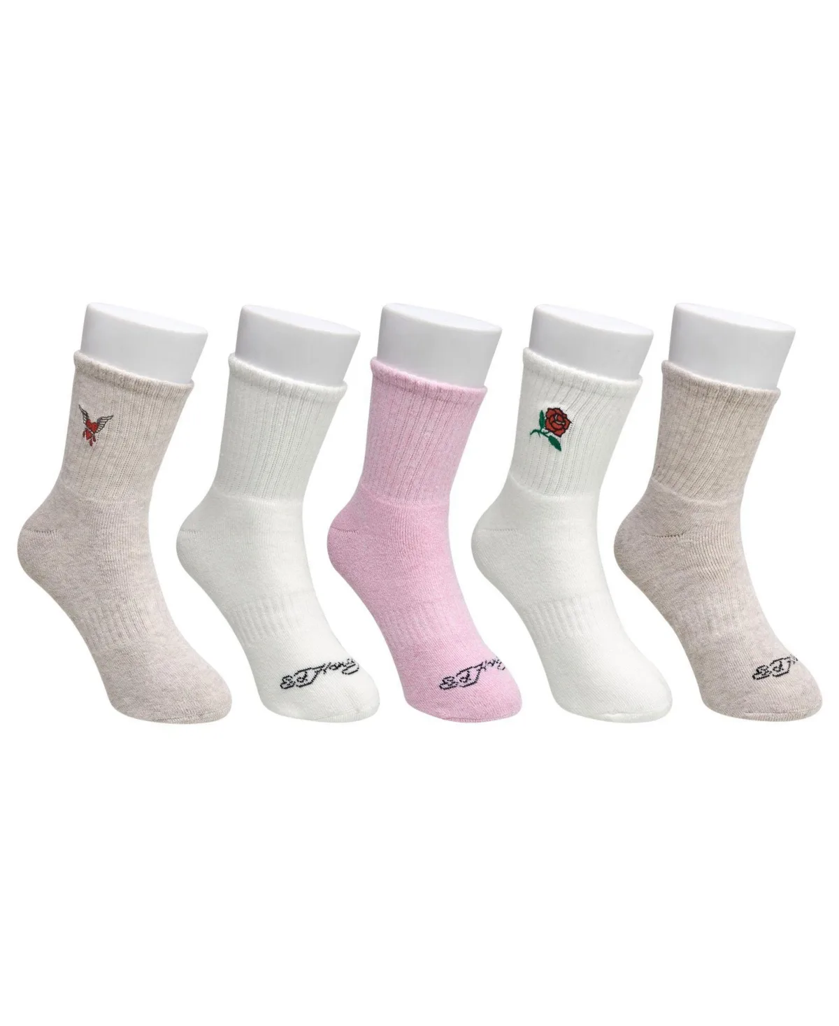 Rose and Bird Embroidery Full Cushion Mid Crew Socks, 5-Pack by Ed Hardy
